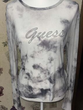 GUESS Women's Gray Sheer Tie-Dye Long Sleeve Top